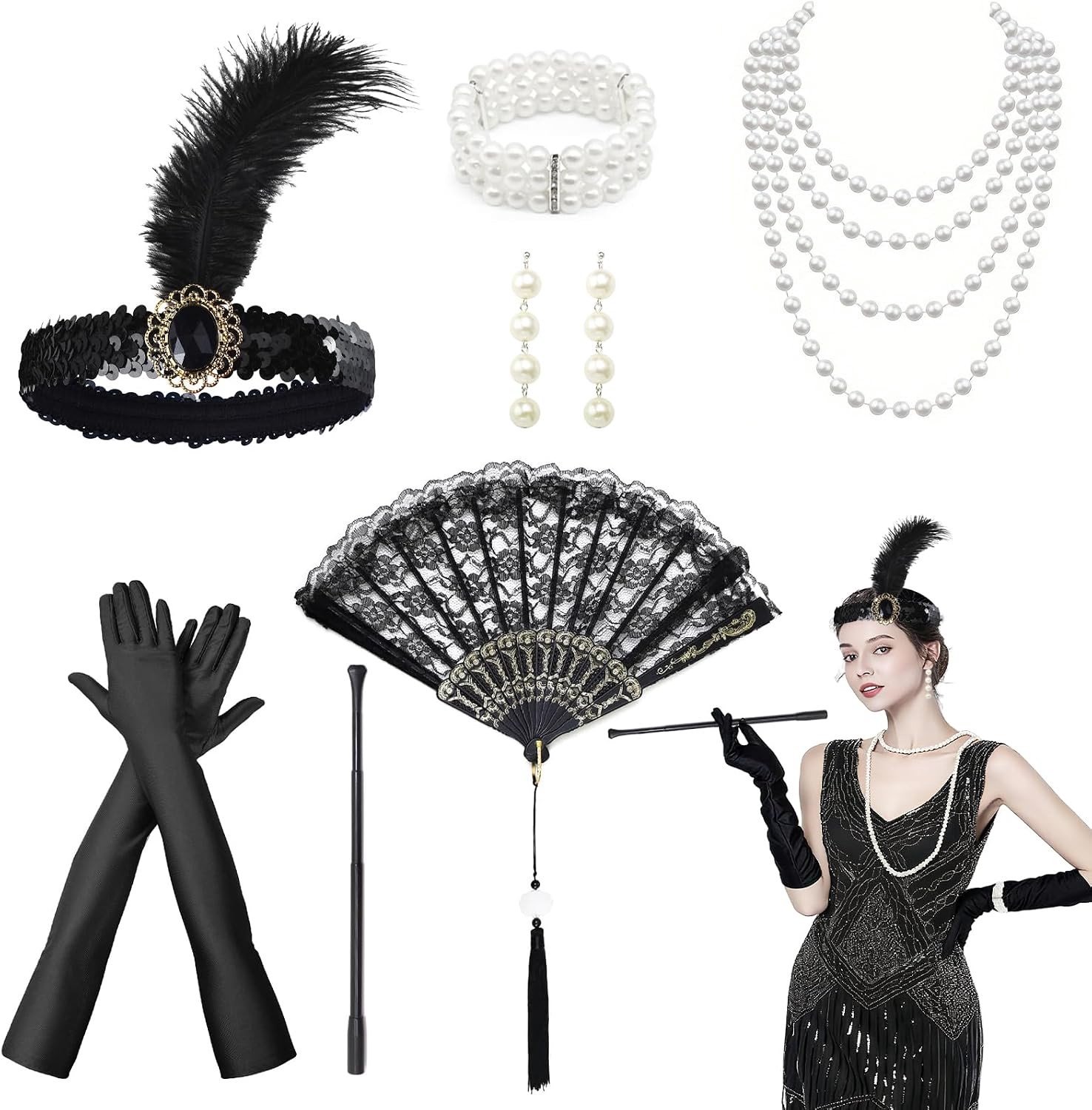 Stijlvol 1920s kostuumset voor vrouwen met accessoires zoals armband, oorbellen, parelketting en handschoenen voor een Great Gatsby themafeest