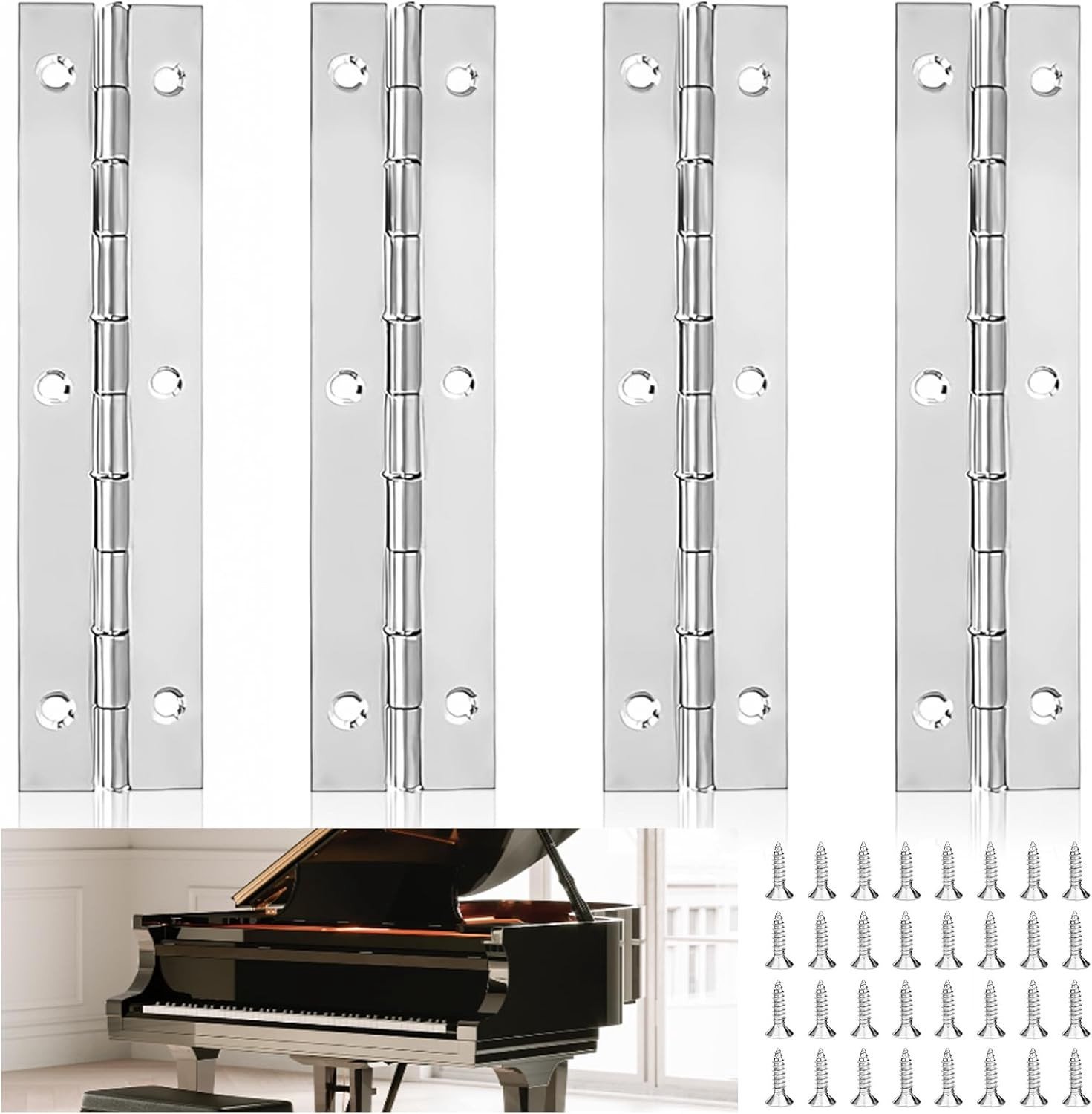 RVS Piano Tape 12 cm met 32 Stukken Schroeven, Ideaal voor Kastdeuren en Meubelverbindingen