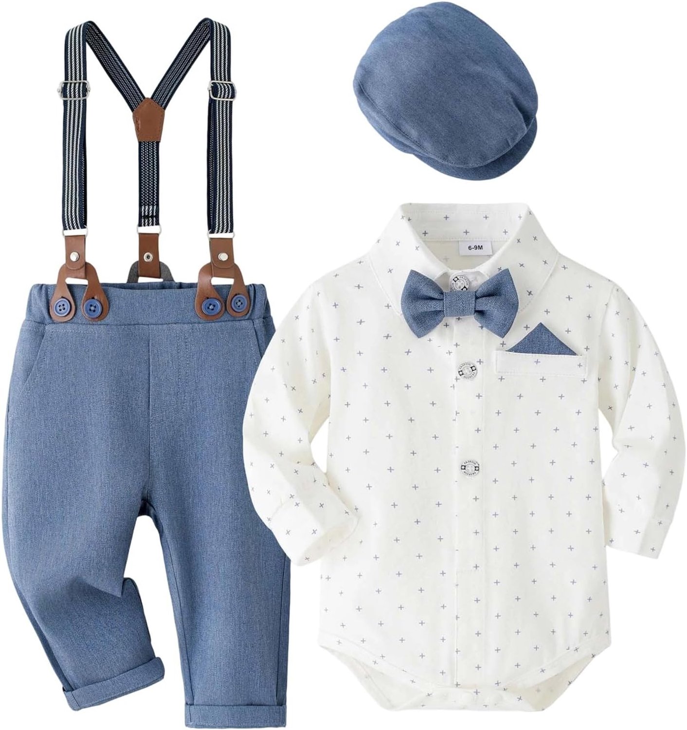 Générique Elegante kleine gentleman voor babyjongens, kostuum met hoed en bretels voor verjaardag of doop