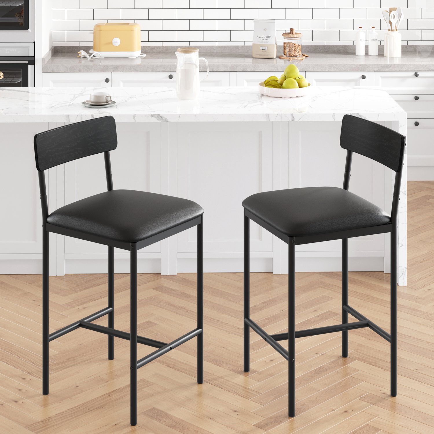 Barstoelset 4 Stuks + Tafel voor 2 Personen - Gevoerde Thekestoelen Met Metalen Voet - 65 cm - Zwart