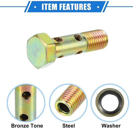 Double Banjo Bolt Kit, M8x1.0 Lengte 32mm MetrischeDraad Turbo Remleiding Fitting Adapter Universeel voor Auto Duurzaam Metaal Bronzen Kleur Met Pakkingen Spacer — afbeelding 3