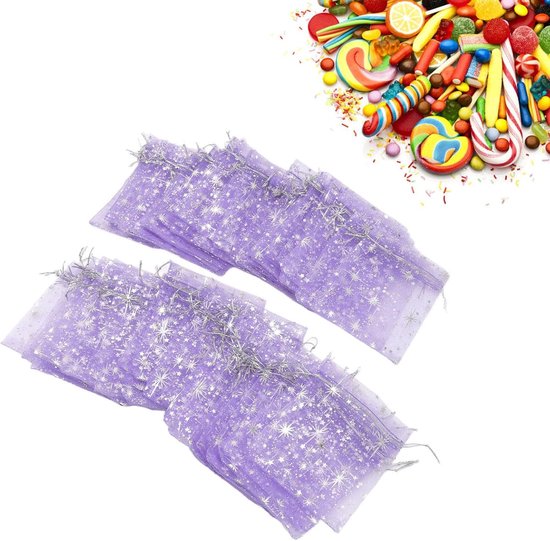 50 stuks 4 tot 6 inch sterpatroon pure organza zakjes met trekkoord, transparante gaas geschenkzakjes met satijnen snaren voor bruiloft sieraden snoep zeep cosmetische verpakking (Paars) — afbeelding 3