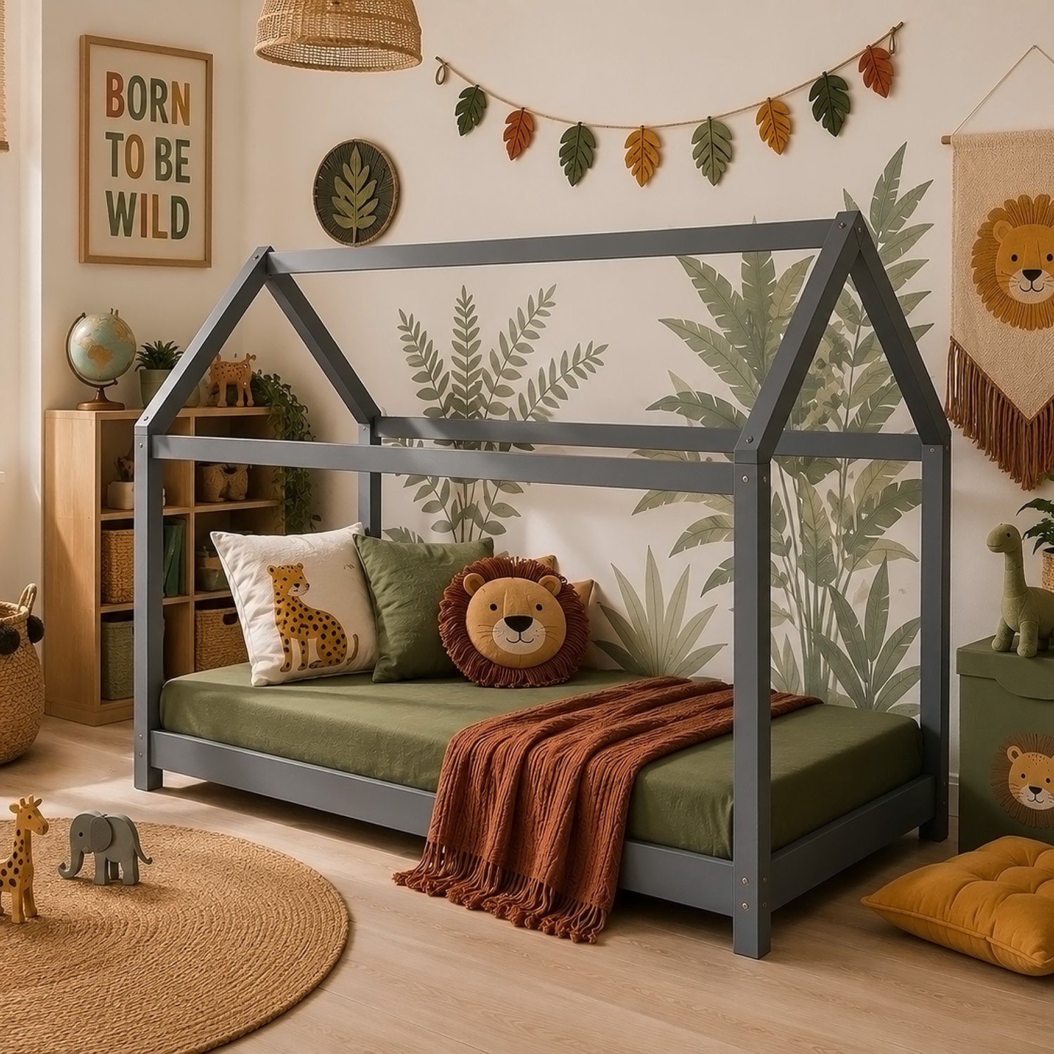 Homestyle4u kinderbed - 90x200 cm - Eenpersoonsbed - Huisbed - grijs