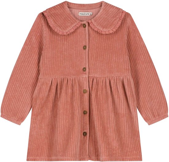 Roze corduroy jurk met lange mouwen, ronde kraag, knoopsluiting en ruches.
