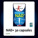 Lucovitaal NAD+ 30 capsules verpakking met de tekst "Biologisch beschikbare Vit B3 (NR)", "Cel-vernieuwing", "Energie", "Vitaliteit", "Focus".