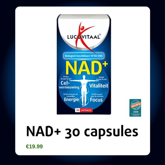 Lucovitaal NAD+ 30 capsules verpakking met de tekst "Biologisch beschikbare Vit B3 (NR)", "Cel-vernieuwing", "Energie", "Vitaliteit", "Focus".
