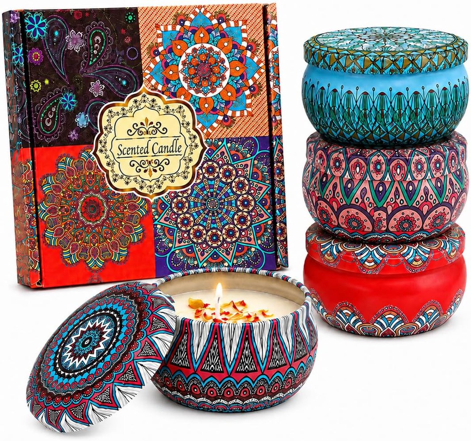 Geurkaarsenset 4 stuks - sojawasmengsel - lavendel, blauwe wind, roos, gardenia - aromatherapie voor slaapkamer - Vemera