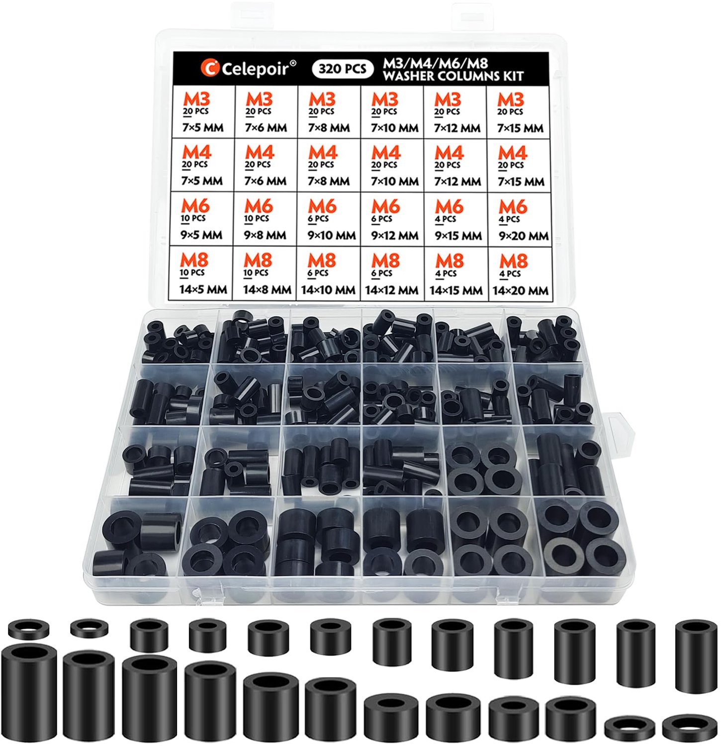 Celepoir 320 Stuks M3 M4 M6 M8 ABS Afstandshouders Kunststof Zwart