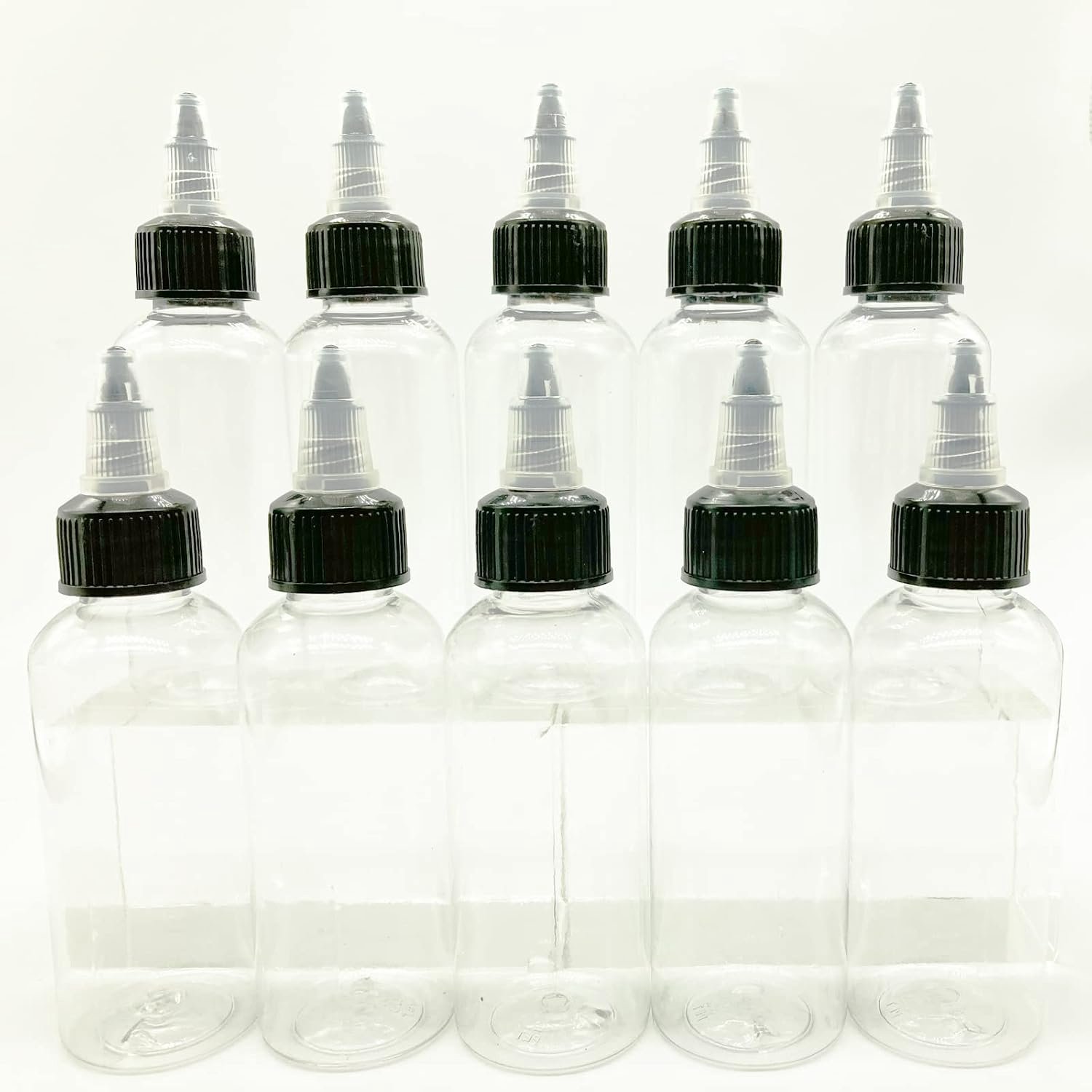 Squeezable Druppelflessen, 10 stuks, 60 ml, transparante plastic fles met draaibaar deksel, zwart, schenktuit, open/gesloten, ideaal voor knutselwerk, kunst, lijm, 10 stuks