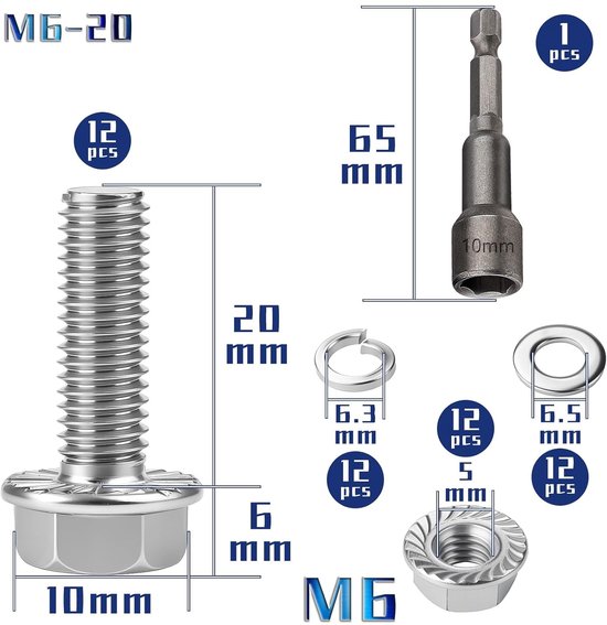 12 stuks M6x20 zeskantschroeven m6 schroeven set roestvrij staal A2 70 | Volschroefdraad, buitenseskant, flensmoeren, veerringen, sluitringen, magneten, zeskantdopsleutel voor bouwmachines — afbeelding 2