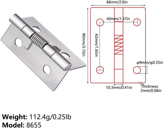 2-sten zelfopenende veerscharnieren, 304 roestvrij staal zelfopenende veerdeur scharnieren, automatische openingsscharnieren voor raam, kasten, houten dozen, 80×66×2MM — afbeelding 3