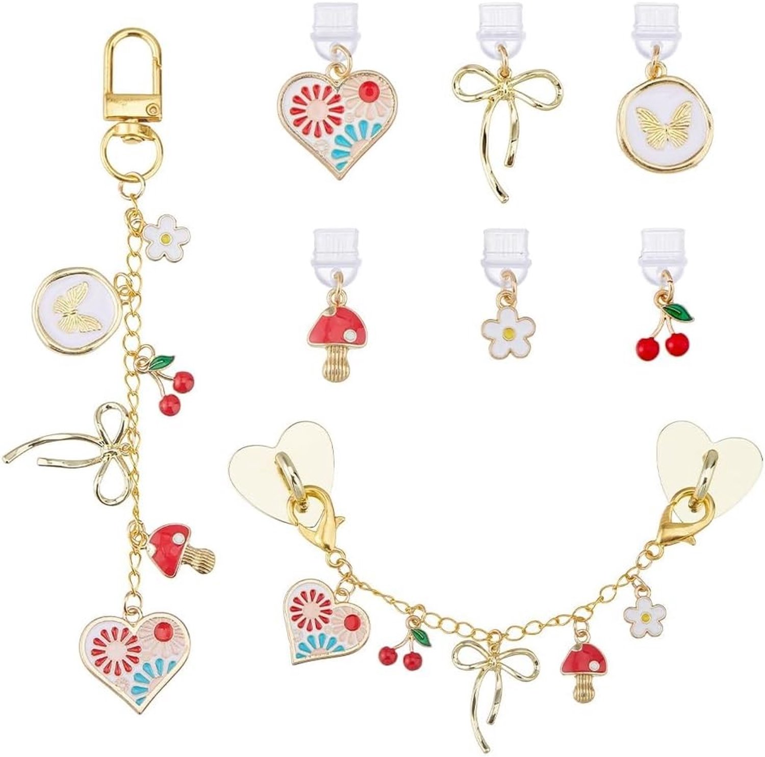 8 stuks schattige hartstrik telefoonhangers, emaille stofstoppers en bedelketting voor e-reader en telefoonaccessoires