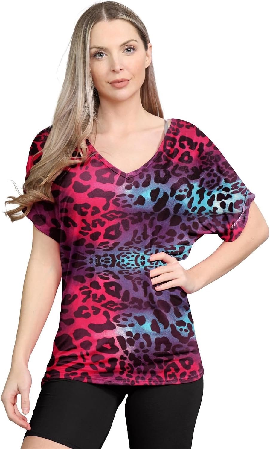 Nieuwe Dames Gedrukt Plain Turn Up Korte Mouw Baggy Losse Fit V-hals T-Shirt Top