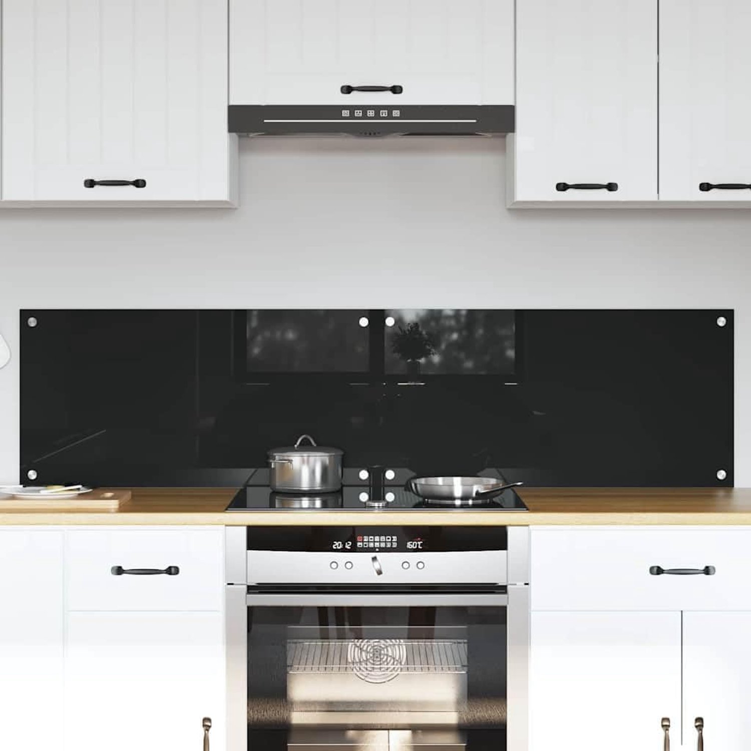 Keukenachterwand, set van 2, 80 x 40 cm, van gehard glas, zwart, spatbescherming voor keuken