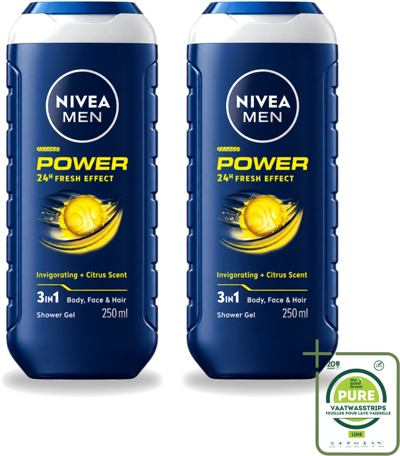 2 x Nivea - Men - Douchegel - Power Refresh - 250 ml - Grootverpakking - Vaatwasstrips - Douchegel Voor Mannen - 3-in-1 Douchegel - Verfrissende Geur - PH-huidneutraal - Gezicht En Haar Verzorging