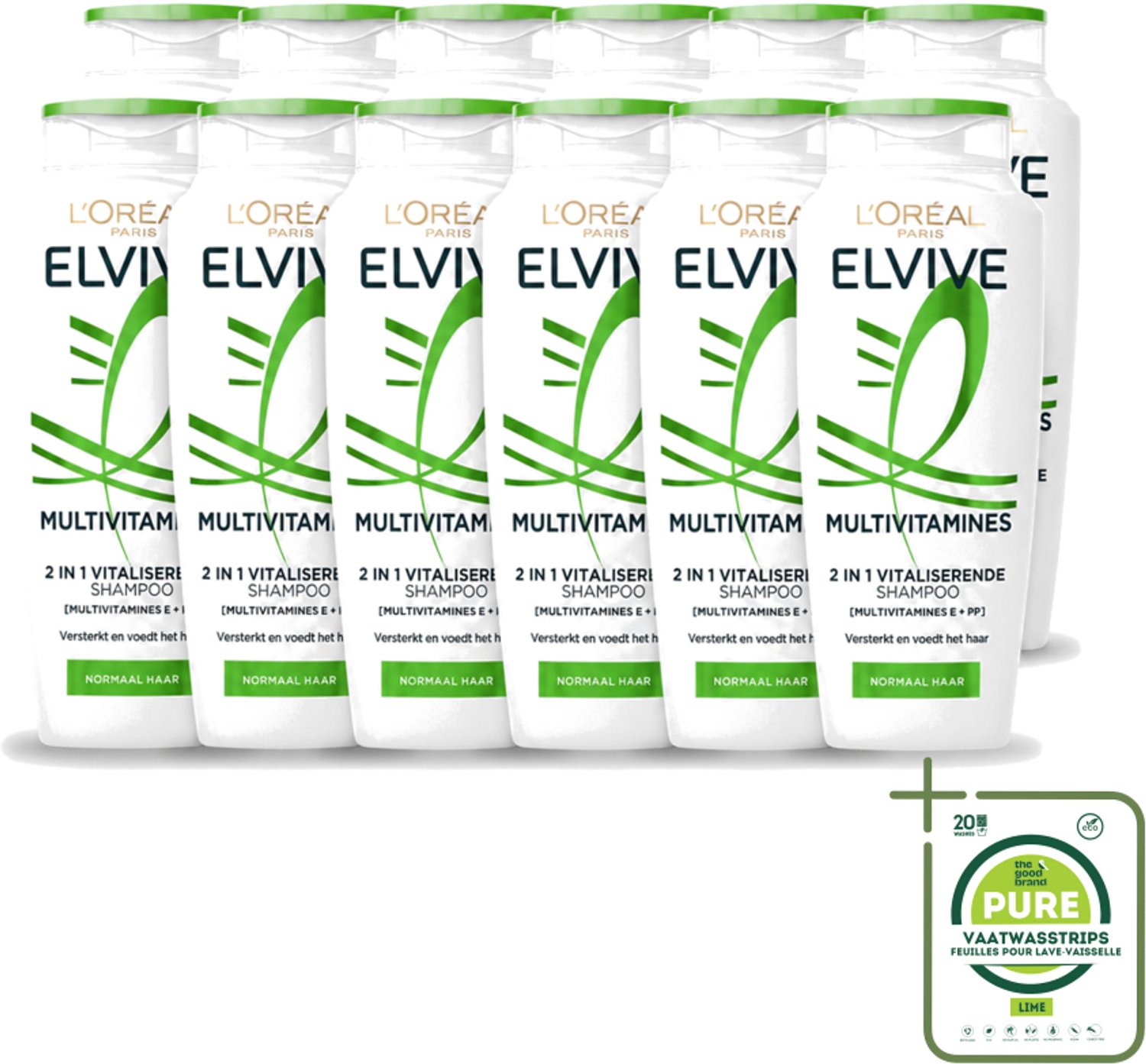 12 x L’Oréal Paris Elvive – Shampoo – Multivitamines 2-in-1 – 250 ml - Grootverpakking - Vaatwasstrips - Haarverzorging - Krachtig Haar - Vitaliteit Haar - Multivitamine Shampoo - 2-in-1 Shampoo