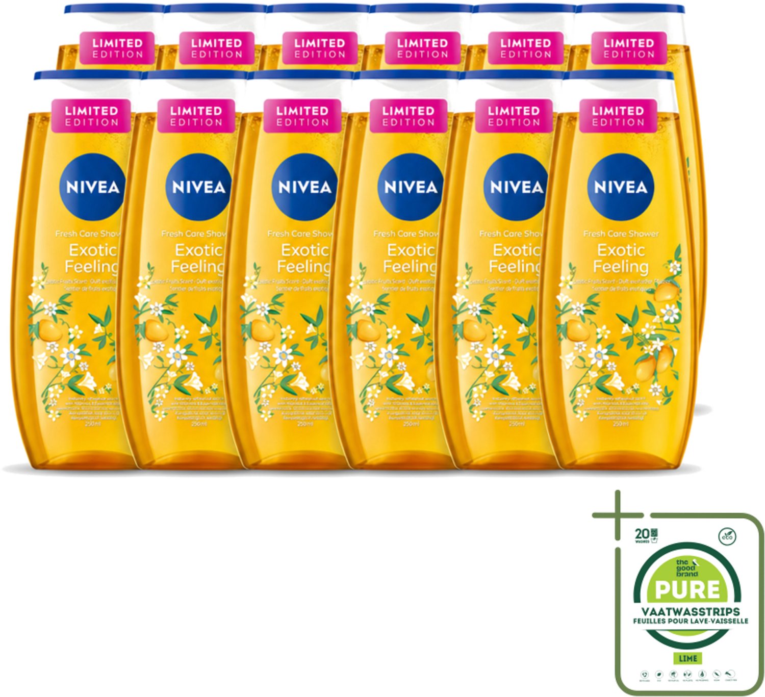 12 x Nivea – Douchegel – Exotic Feeling – 250 ml - Grootverpakking - Vaatwasstrips - Douchegel - Tropische Geur - Exotische Geur - Huid Verzorging - Mild Reinigen