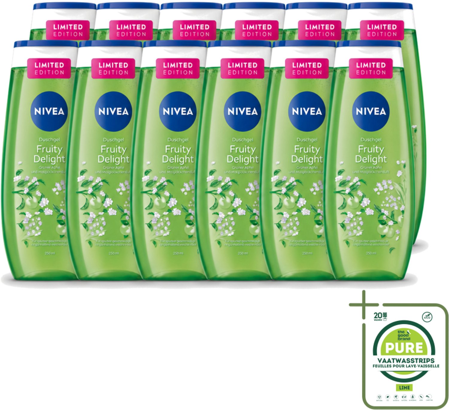12 x Nivea – Douchegel – Fruity Delight – 250 ml - Grootverpakking - Vaatwasstrips - Douchegel - Fruitige Geur - Huidverzorging - Verfrissend - Mild Reinigen