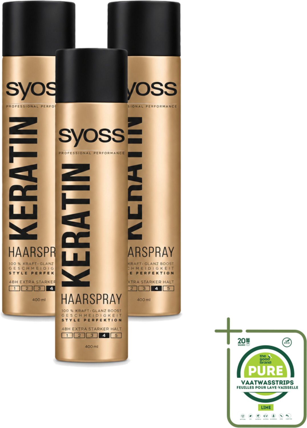 3 x Syoss – Haarspray – Keratin Hold 4 – 400 ml - Grootverpakking - Vaatwasstrips - Haarspray - Keratine - Fixatie - Stylen - Haarversterken