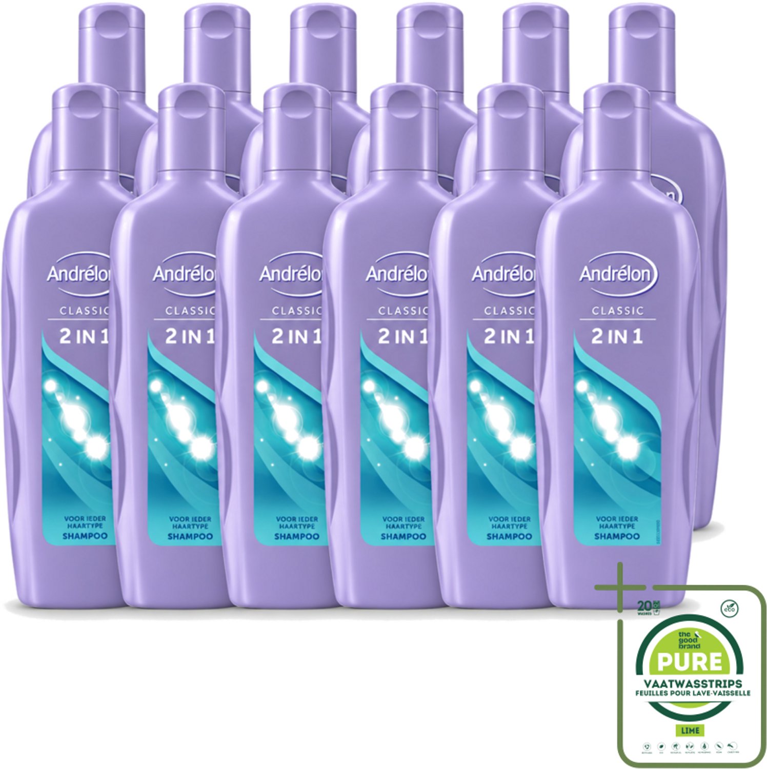 12 x Andrélon – Shampoo – 2-in-1 – 450 ml - Grootverpakking - Vaatwasstrips - Shampoo 2 In 1 - Haar Reinigen - Haar Verzorgen - Zacht Haar - Soepel Haar