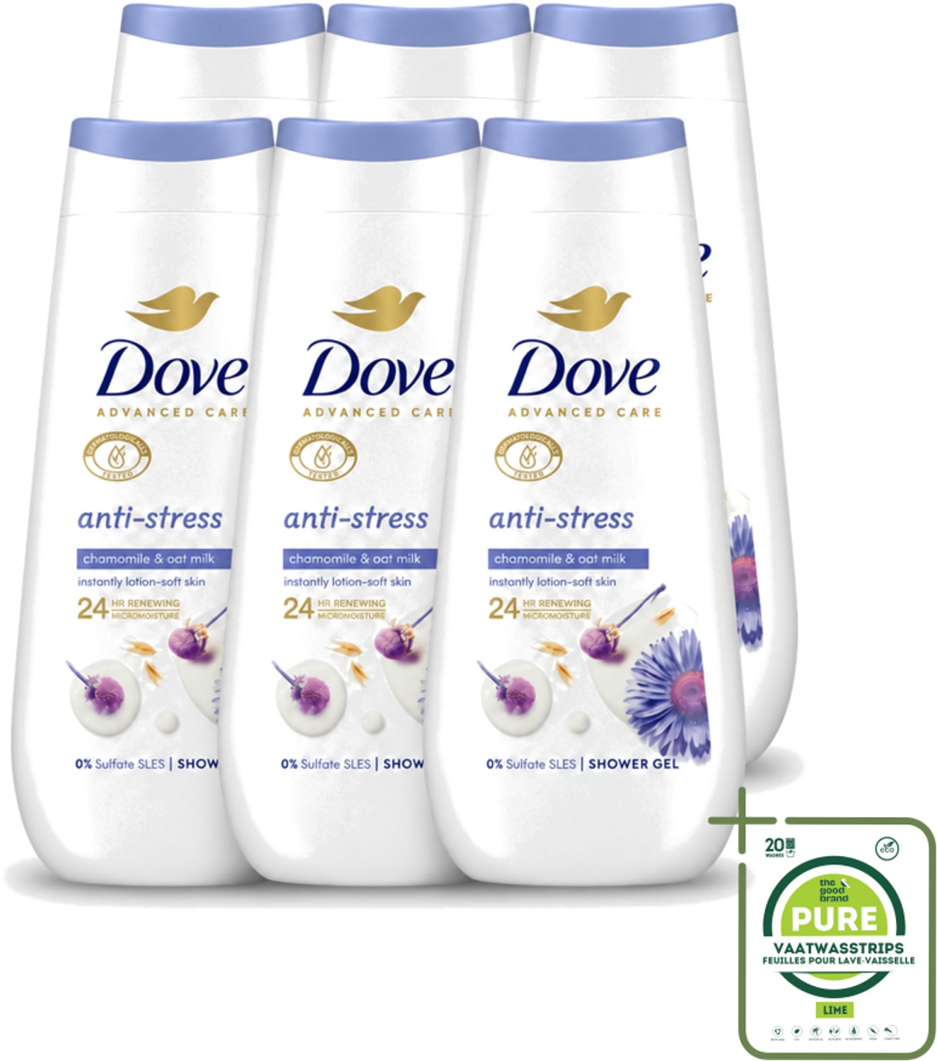 6 x Dove – Douchecrème – Anti-Stress – 225 ml - Grootverpakking - Vaatwasstrips - Douchecrème Anti-stress - Ontspannende Douchecrème - Droge Huid Verzorgen - Hydratatie - Blauwe Kamille