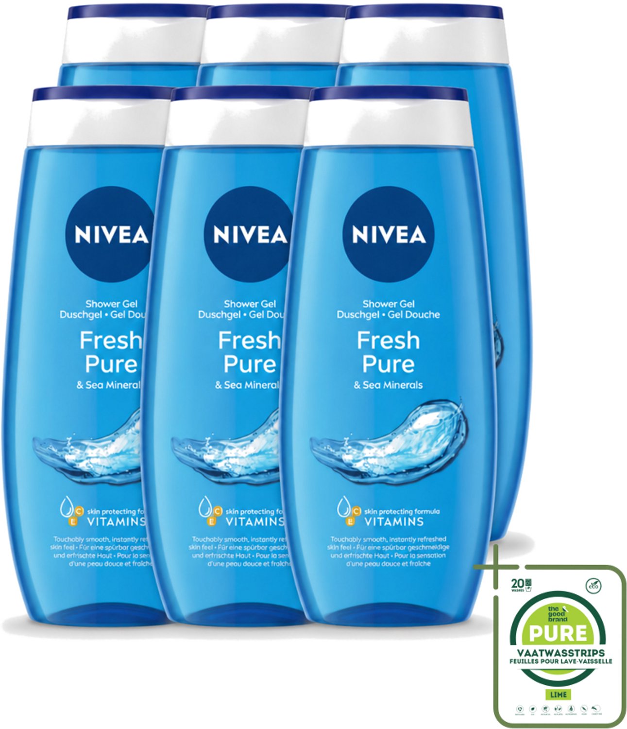 6 x Nivea – Douchegel – Fresh Pure – 250 ml - Grootverpakking - Vaatwasstrips - Douchegel - Huidverzorging - Frisheid - Vitamine C - Vitamine E