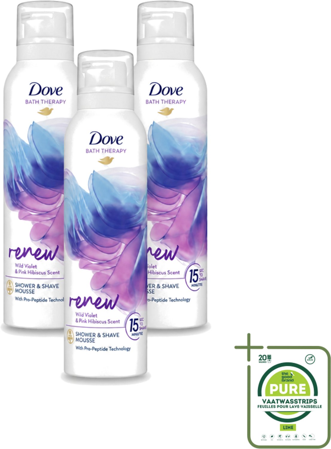 3 x Dove – Douche- & Scheerschuim – Bath Therapy Renew – 200 ml - Grootverpakking - Vaatwasstrips - Douche En Scheerschuim - Huidvernieuwing - Pro-peptide - Hydratatie - Luxe Douche