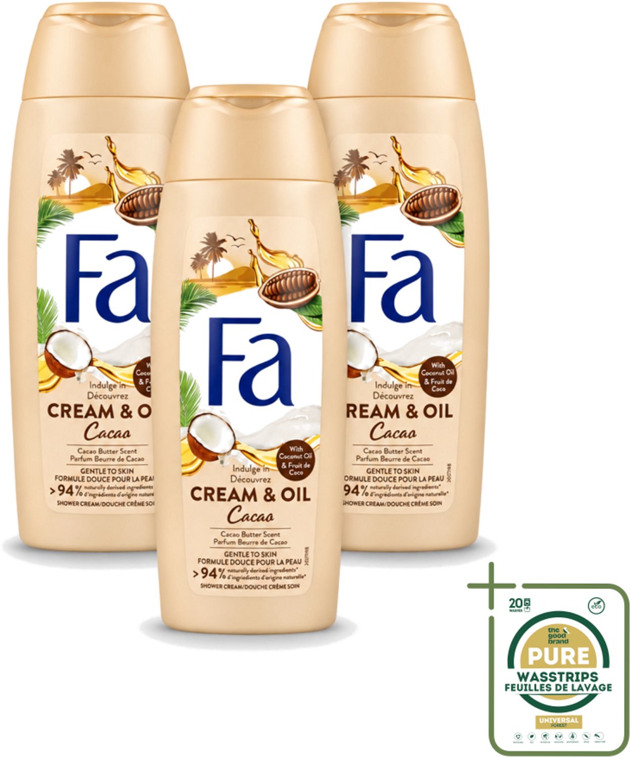 3 x Fa - Douchecrème - Room & Olie Kokosnuss Kakaoboter - Verzachtend & Voedend - 250 ml - Wasstrips - Douchecrème - Kokosnoot - Cacaoboter - Natuurlijke Ingrediënten - Verzorgende Douche