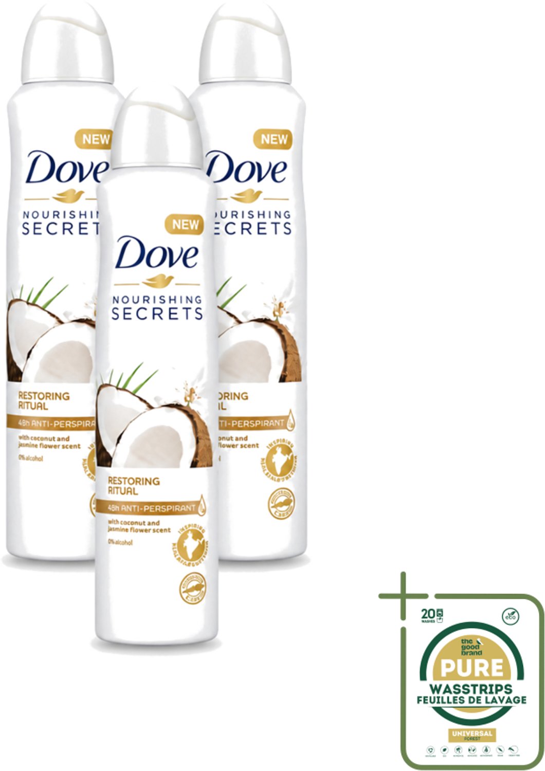 3 x Dove - Deodorant - Coconut & Jasmine Flower - Tropisch en verzorgend - 250 ml - Wasstrips - Dove Deodorant - Kokos En Jasmijn - Anti-transpirant Spray - Verzorgende Deodorant - Geur Van Kokos En Jasmijn