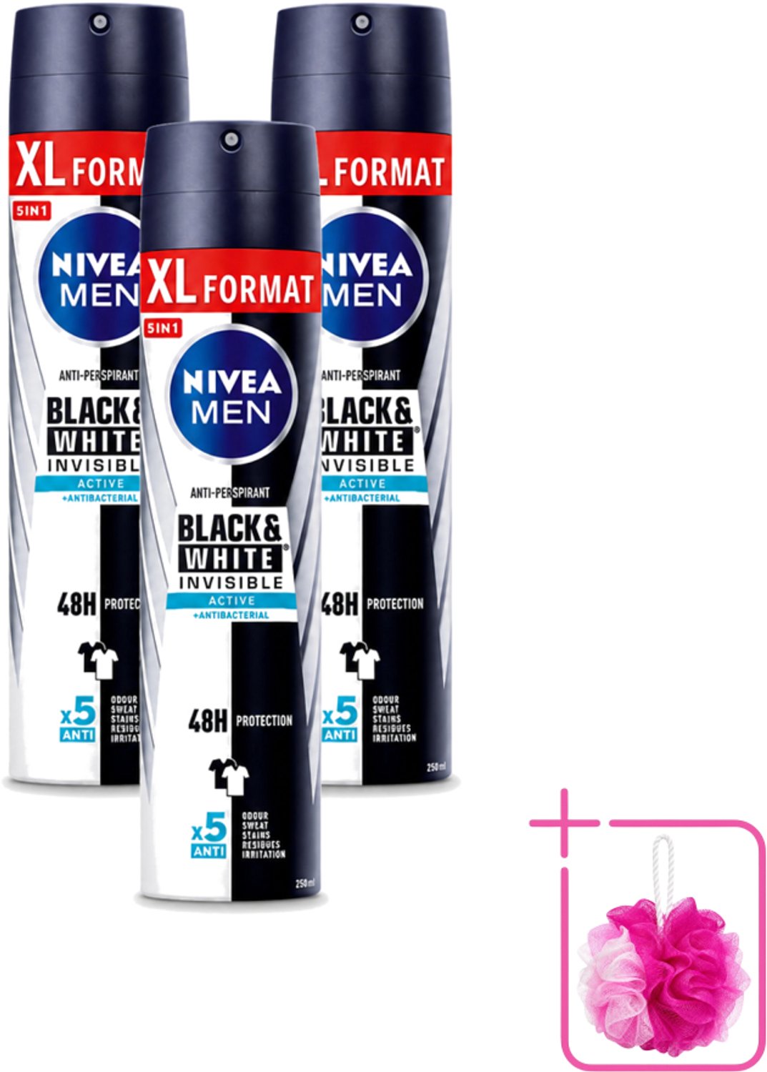 3 x Nivea - Deospray - Men - Invisible Black & White Active - 250 ml - Bulkverpakking - Deodorant spray - Anti-vlekken