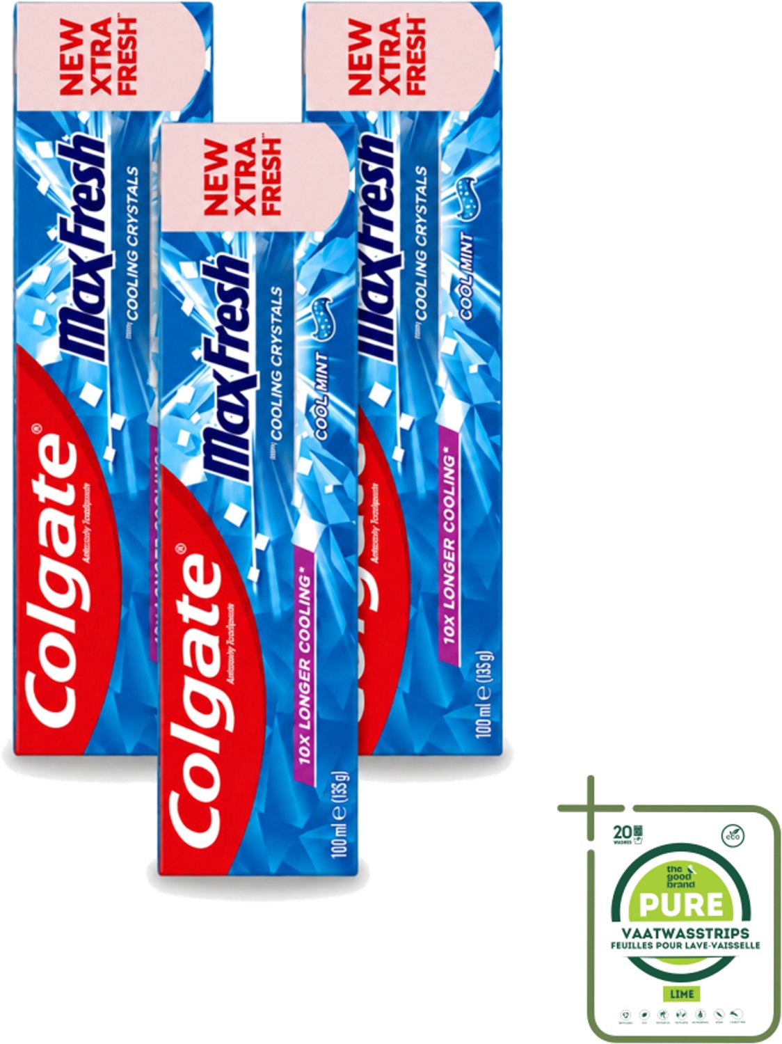 3 x Colgate - Max Fresh - Cool Mint - Tandpasta - 100ml - Grootverpakking - Vaatwasstrips - Tandpasta - Frisse Adem - Mondhygiëne - Cariës Bestrijden - Tandplak Verwijderen