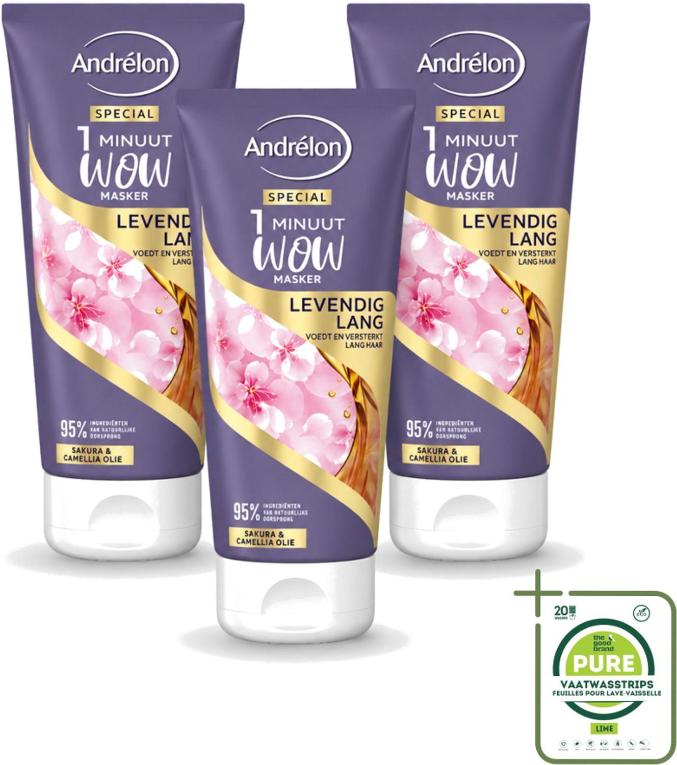 3 x Andrélon - 1 Minuut Wow Haarmasker - Levendig Lang - 180 ml - Grootverpakking - Vaatwasstrips - 1 Minuut Masker - Lang Haar Masker - Haarmasker - Haar Herstel - Haar Verzorging