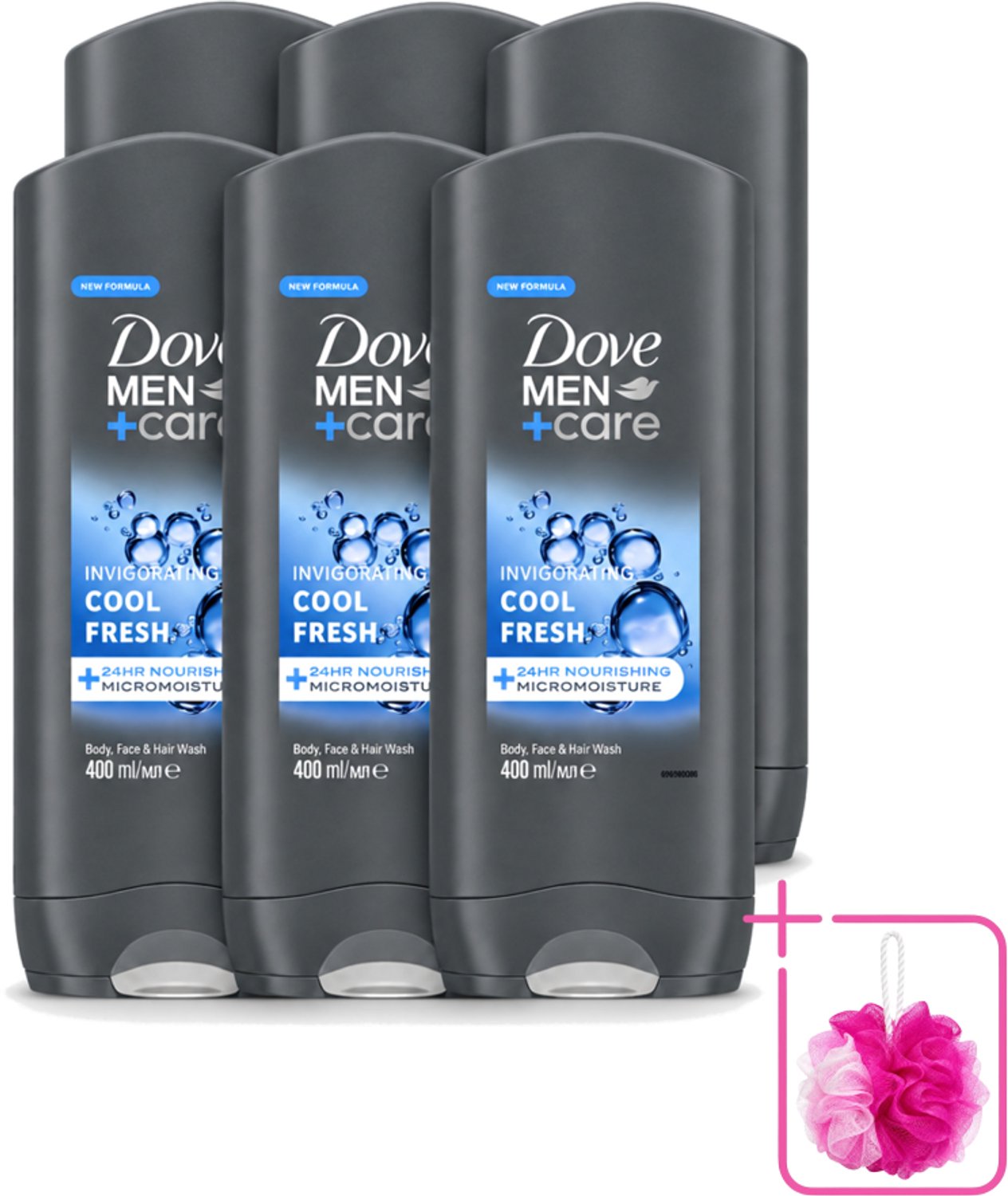 6 x Dove - Douchegel - Men+ Care Cool Fresh - Verfrissend en energiegevend - 400 ml - Bulkverpakking - Douchegel voor mannen - Douchemop - Verfrissende geur