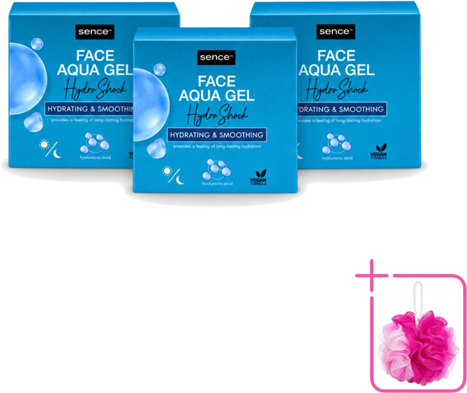 3 x Sence – Dagcrème – Aqua Gel Hydro Shock 2-in-1 – 50 ml - Bulkverpakking - Hyaluronzuur serum - Douchemop - Hydratatie serum