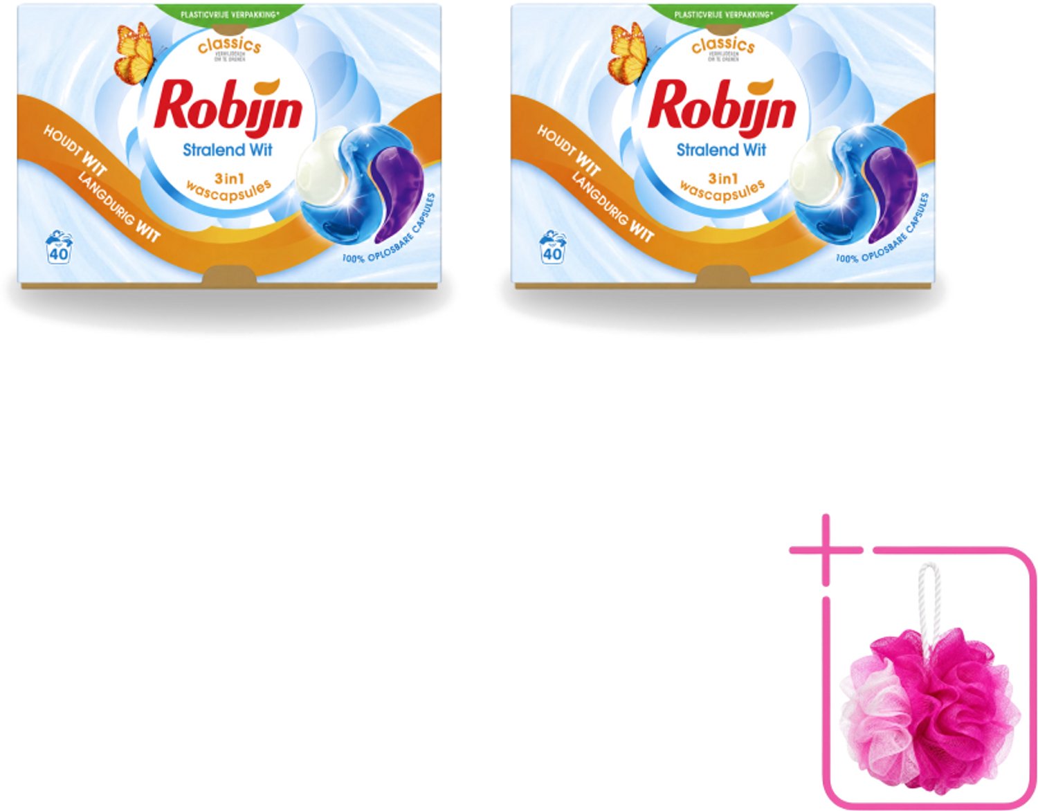 2 x Robijn - Stralend Wit - 3-in-1 Wascapsules - Houdt Langdurig Wit - 40 Wascapsules - Bulkverpakking - Wit was - Douchemop - Wascapsules