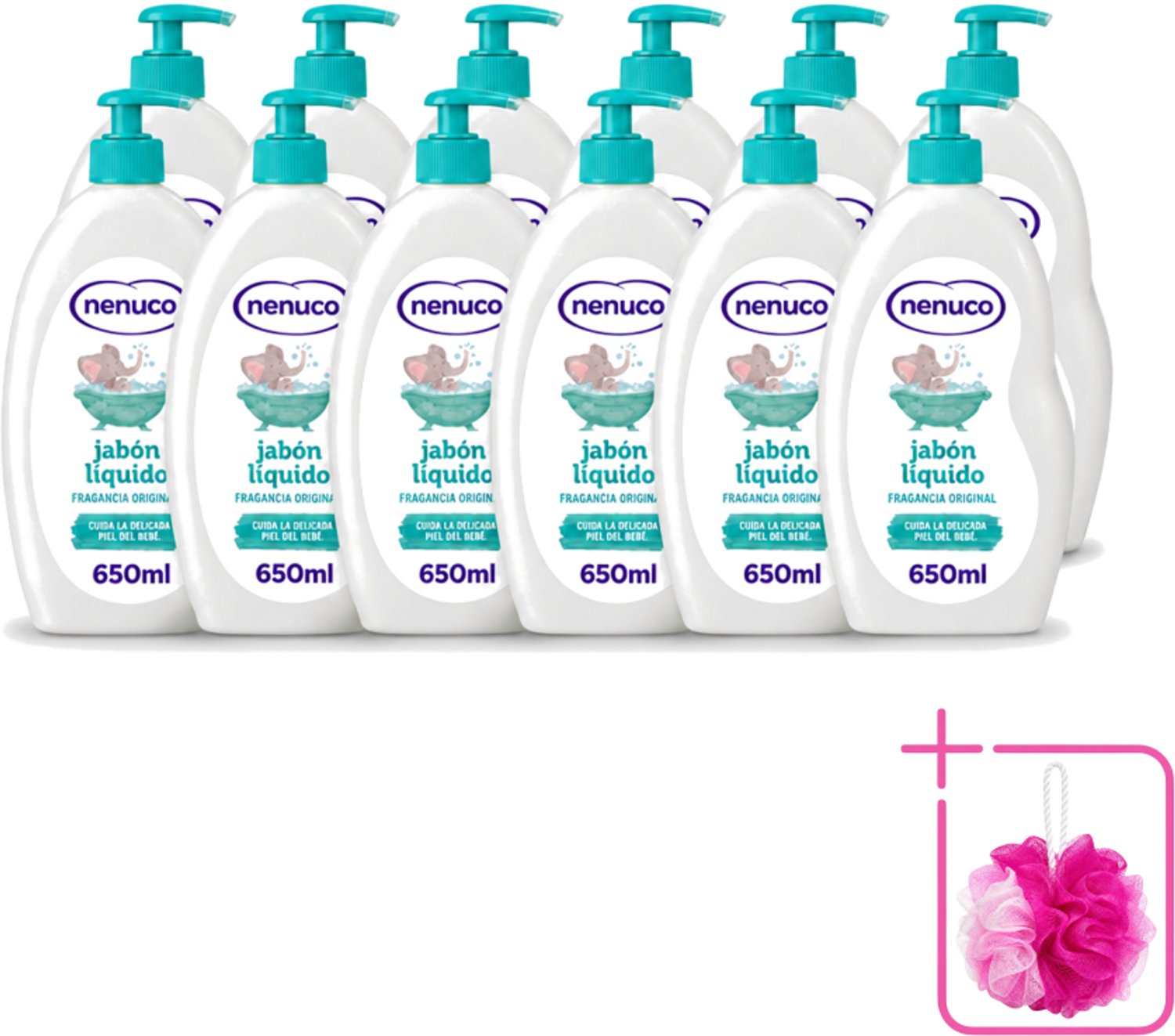 12 x Nenuco - Jabon Líquido - Vloeibare Zeep - Originele Geur - Met Doseerpomp - 650 ml - Bulkverpakking - Vloeibare zeep - Douchemop - Zeep voor baby