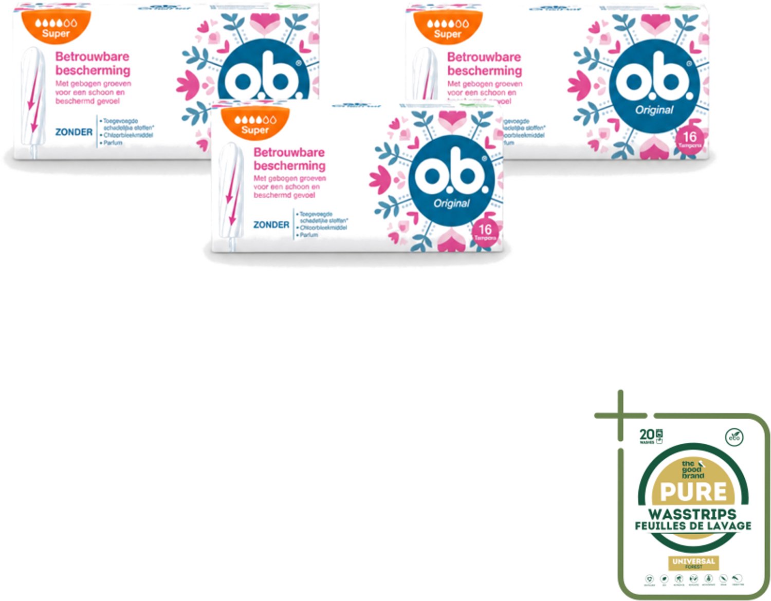 3 x o.b. Tampons - Original Super - Gebogen Groeven - Voor Betrouwbare Bescherming - 16 Tampons - Wasstrips - Tampons - Menstruatiebescherming - Gebogen Groeven - StayDry - Plantaardige Kern