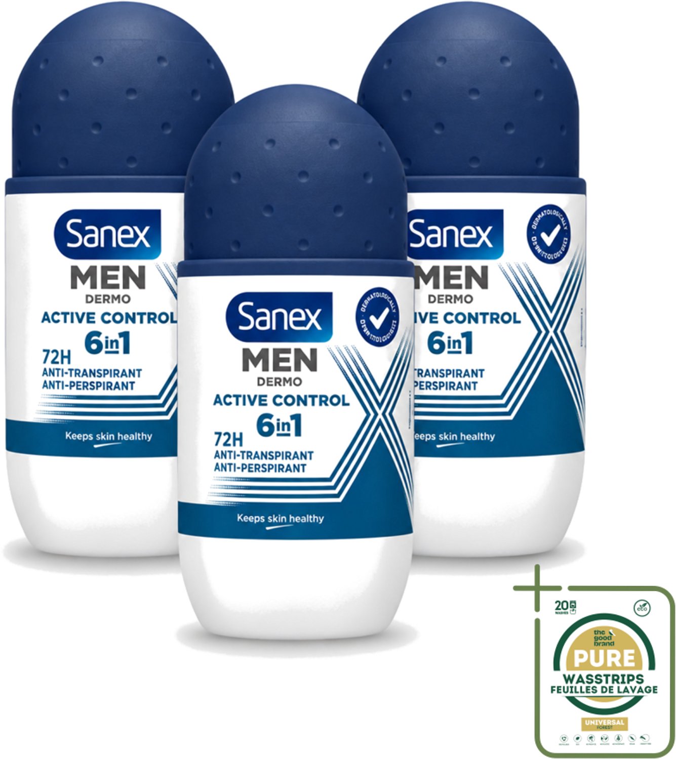 3 x Sanex Men – Deo Roll-on – Active Control – 53 ml - Mannelijke Deodorant - Zweetbescherming - Okselbescherming - Huidcomfort - Anti-irritatie