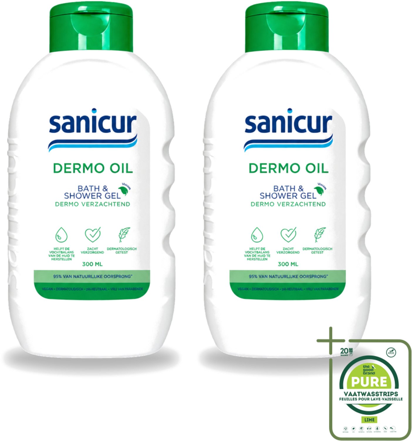 2 x Sanicur – Bad & Douchegel – Dermo-Oil – 300 ml - Grootverpakking - Vaatwasstrips - Bad En Douchegel - Droge Huid - Gevoelige Huid - Voedende Badgels - Huidbarrière