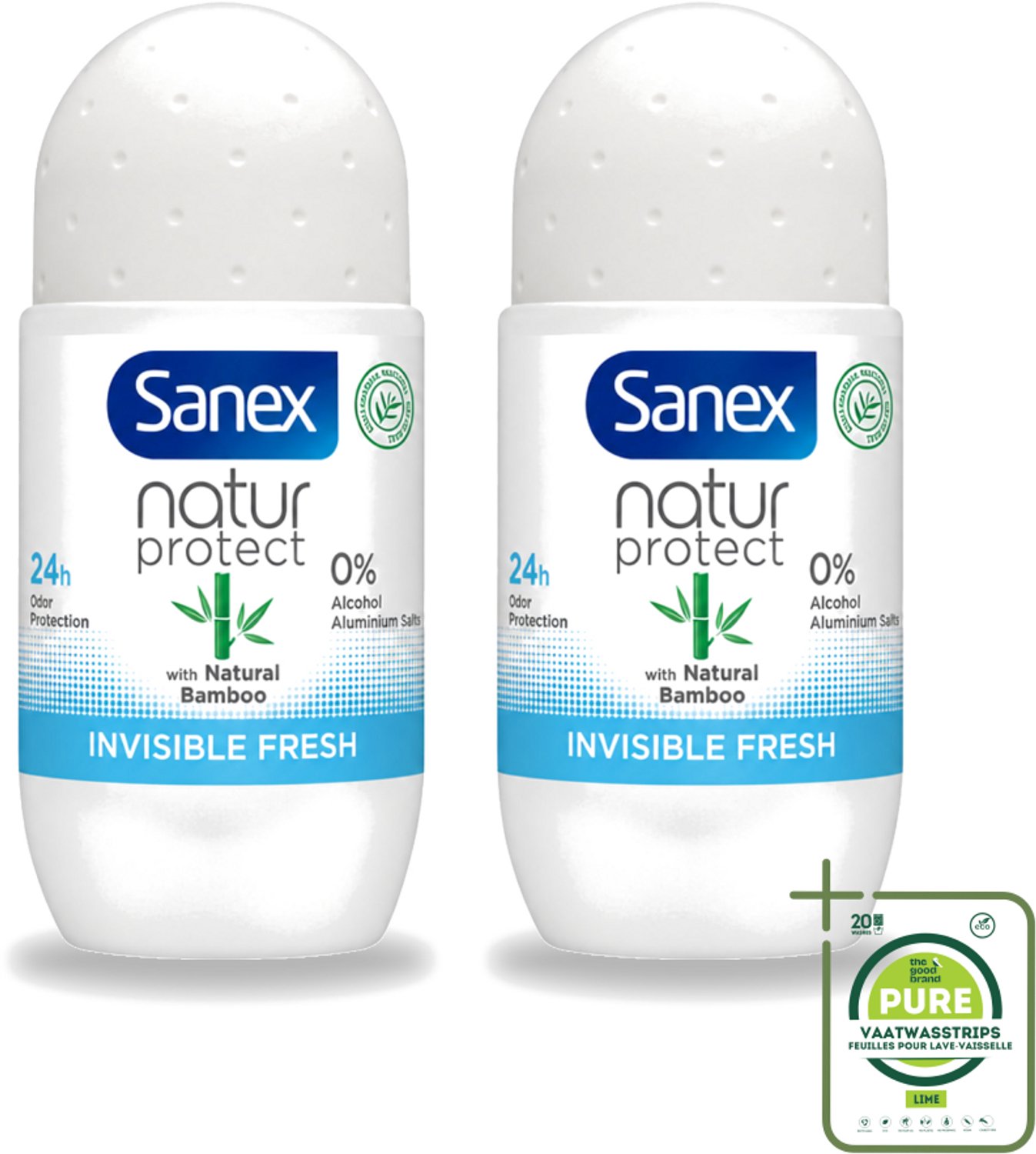2 x Sanex – Deo Roll-on – Bamboo Invisible Fresh – 50 ml - Grootverpakking - Vaatwasstrips - Deodorant Roll-on - Bamboe - Natuurlijke Frisheid - Kledingbescherming - Witte Vlekken Voorkomen