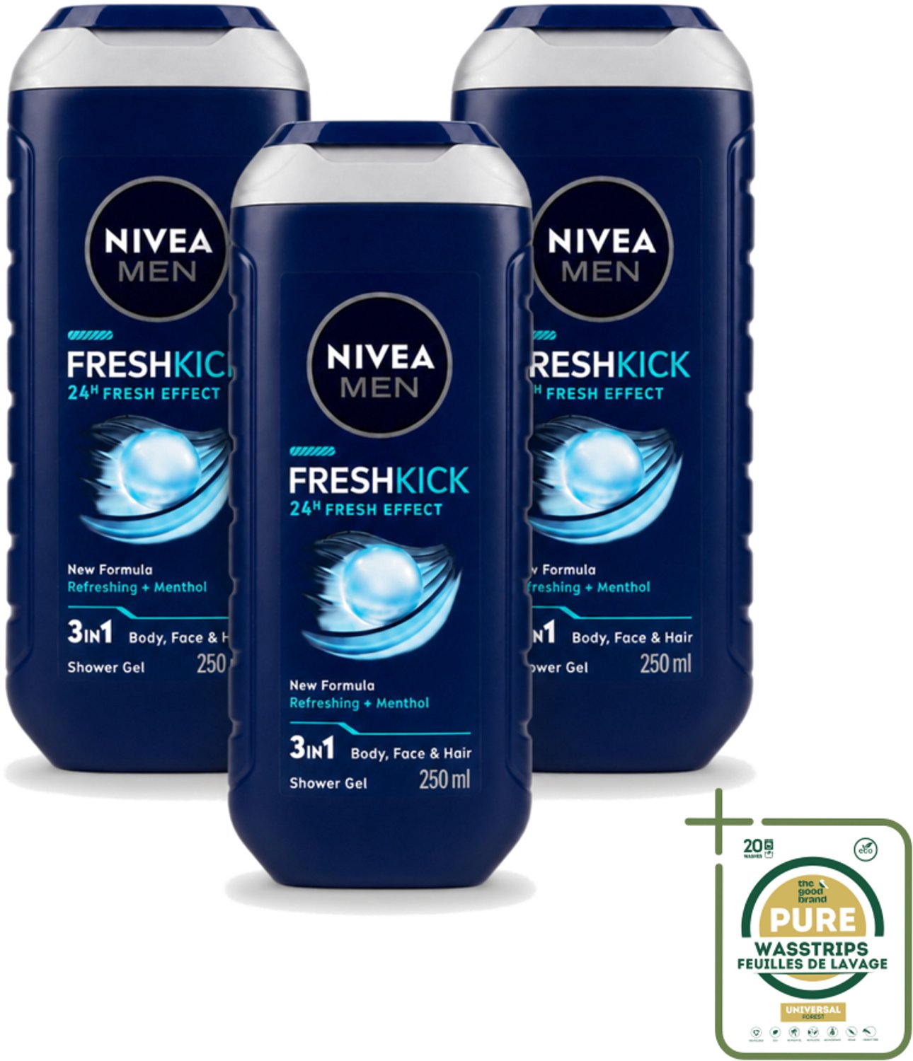 3 x Nivea Men – Douchegel – Fresh Kick – 250 ml - Wasstrips - Douchegel - Verfrissend - Munt - Verkoelend - Lichaam