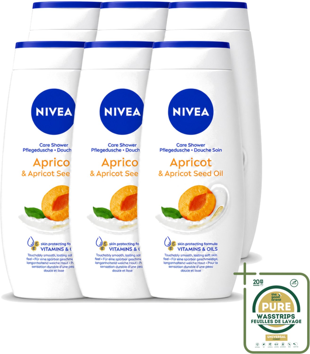 6 x Nivea - Douchegel - Soft Apricot - Huidbeschermend - 250 ml - Wasstrips - Douchegel - Huidbeschermend - Abrikozenpitolie - Druivenpitolie - Vitamine C