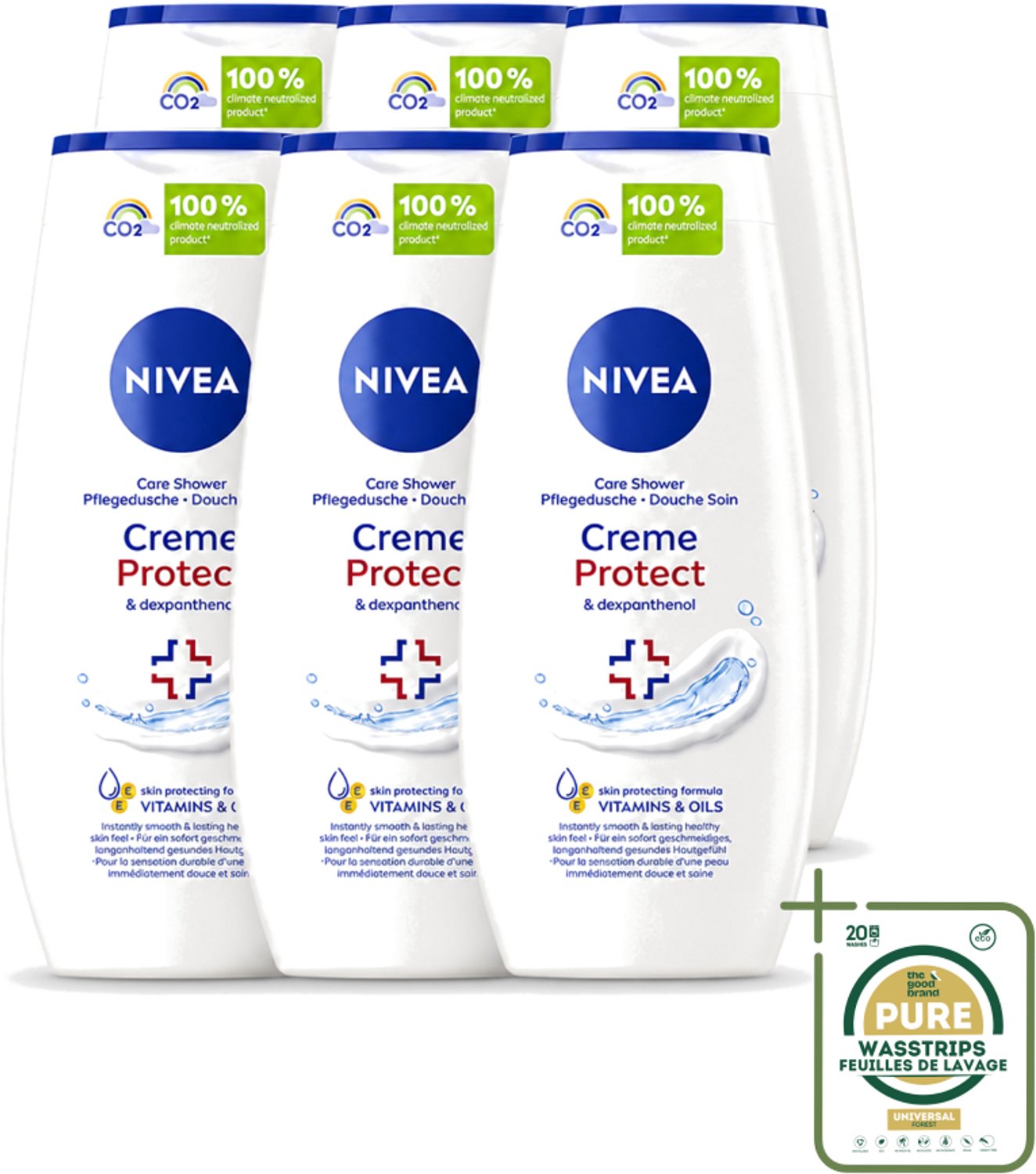 6 x Nivea - Douchegel - Crème Protect & Dexpantenol - Unieke Nivea Crème Geur - 250 ml - Wasstrips - Douchegel - Huidverzorging - Vitamine C - Vitamine E - Dexpanthenol
