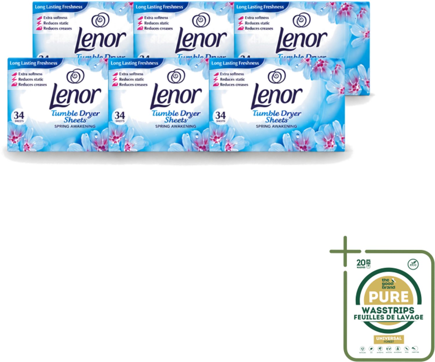 6 x Lenor - Droogtrommeldoekjes - Spring Awakening - 34 Doekjes - Wasstrips - Droogtrommeldoekjes - Droogtrommel - Frisheid - Voorjaar - Kleding