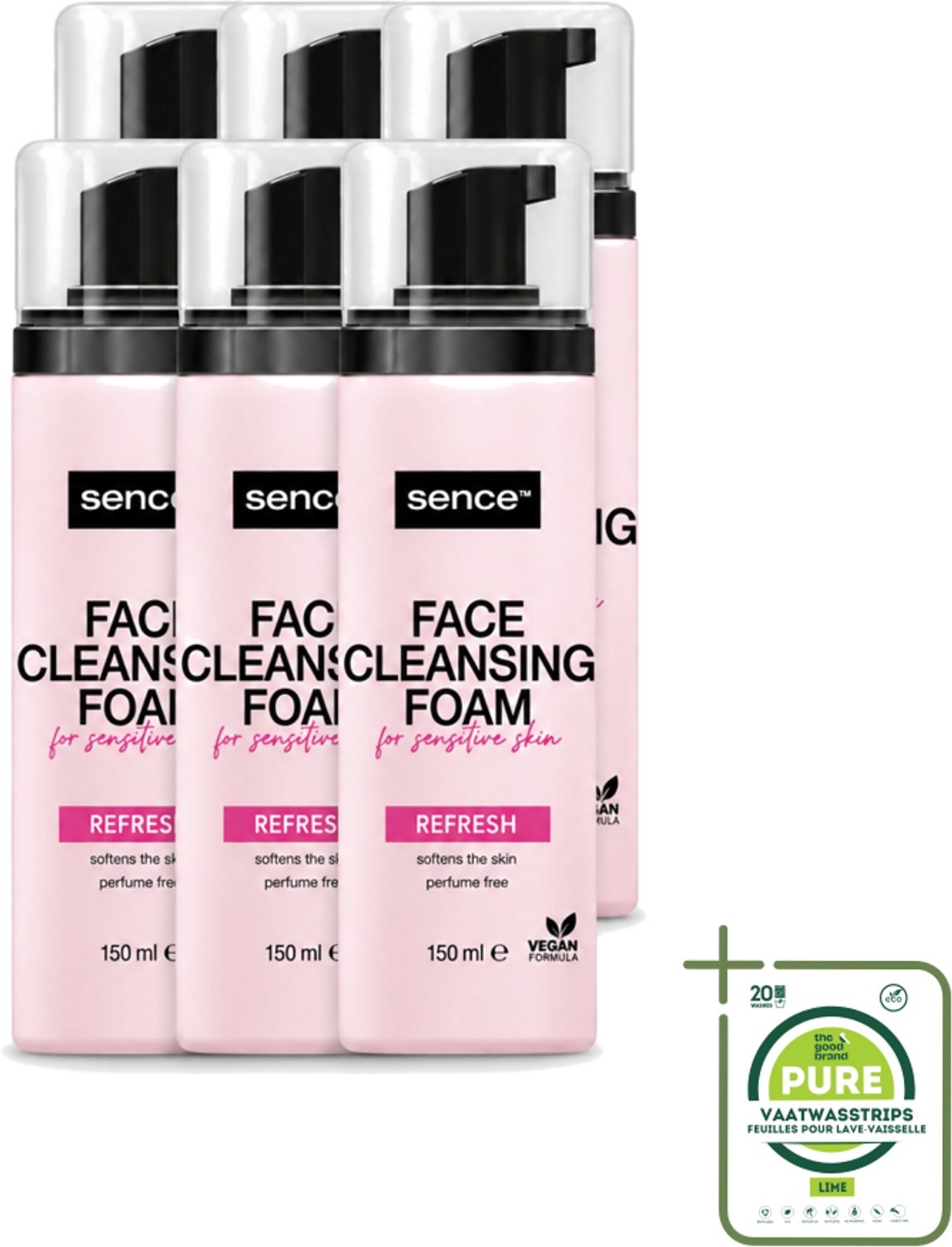 6 x Sence - Gevoelige Huid - Gezichtsreiniger - Foam - 150 ml - Grootverpakking - Vaatwasstrips - Gevoelige Huid Reinigen - Gezichtsreiniger Foam - Poriën Reinigen - Make-up Verwijderen - Kalmerende Reiniger