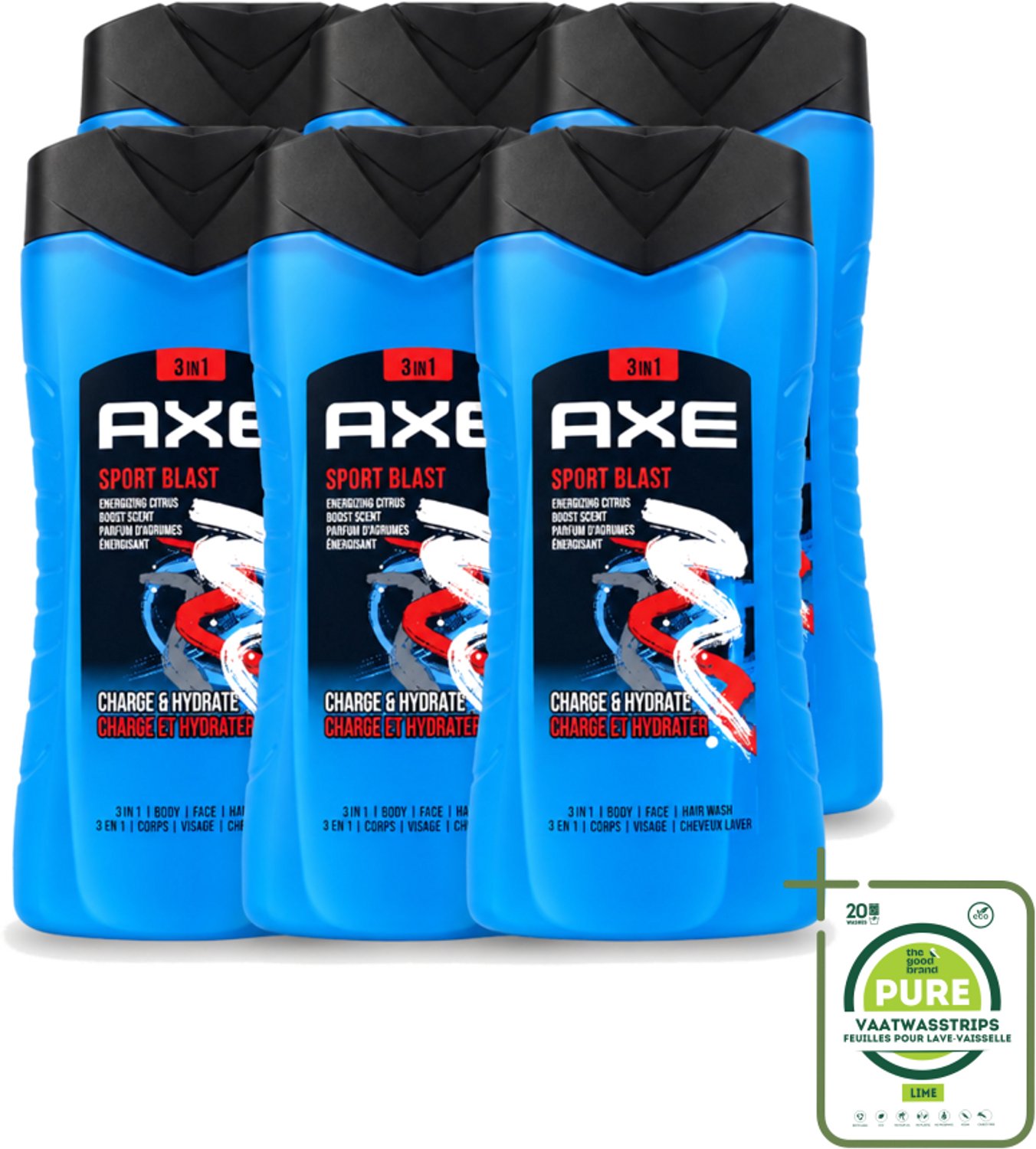 6 x Axe - 3-in-1 Douchegel - Sport Blast - Energizing Citrus - Hydraterend - 250 ml - Grootverpakking - Vaatwasstrips - Douchegel Sport - Hydraterende Douchegel - Frisse Geur Douchegel - Douchegel Na Training - Sport Douchegel