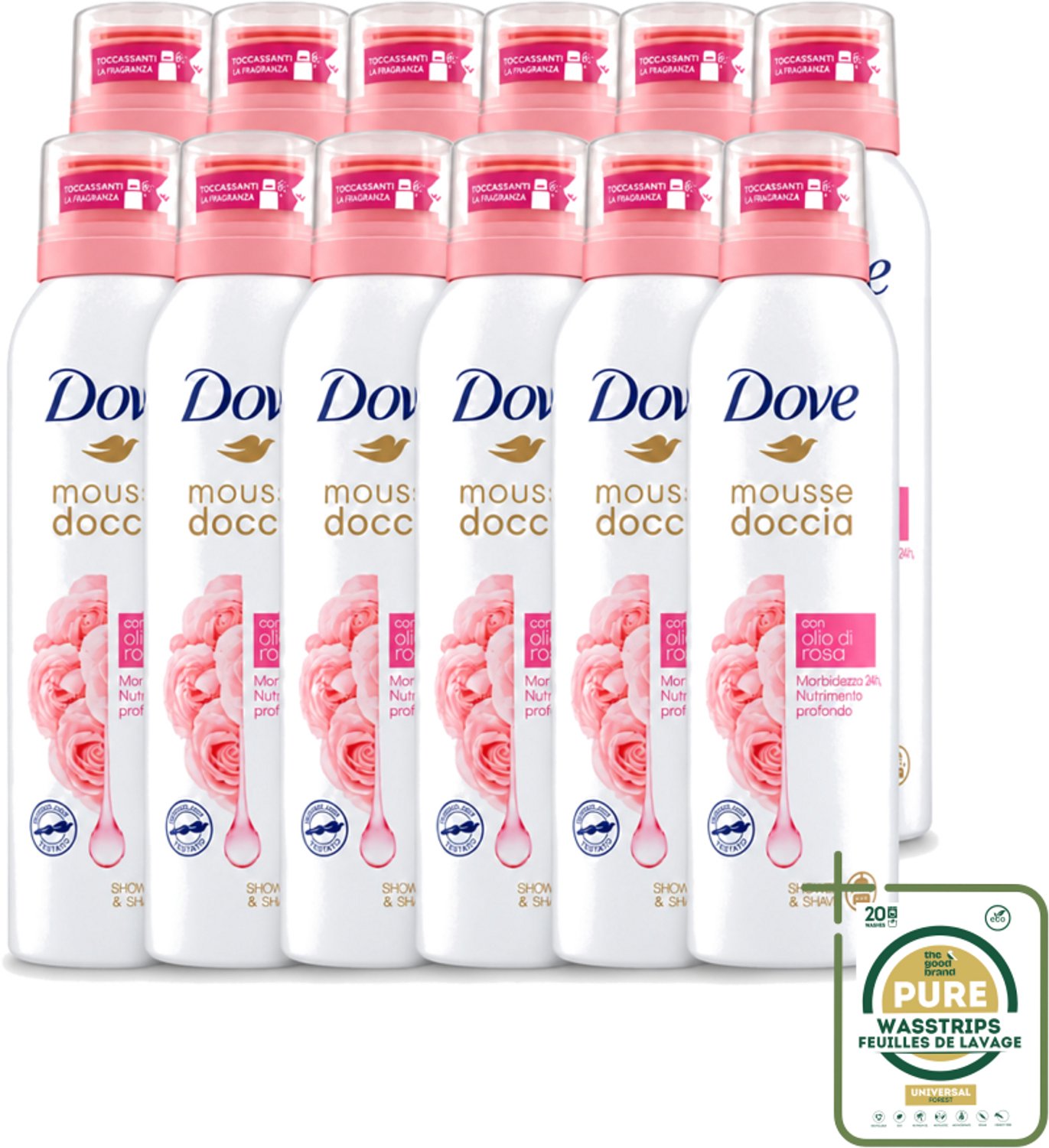 12 x Dove – Douchefoam – Rose Oil – 200 ml - Wasstrips - Douchefoam - Rozenolie - Hydratatie - Zachte Mousse - Scheren Onder De Douche