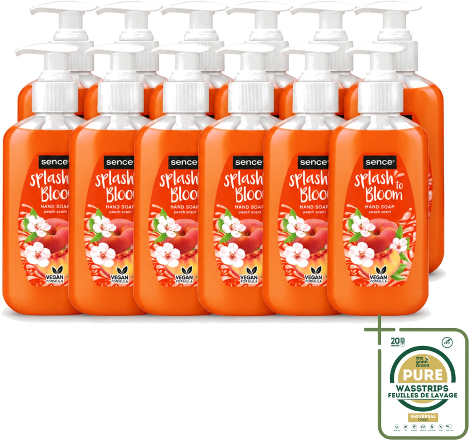 12 x Sence – Handzeep – Splash To Bloom Peach – 500 ml - Wasstrips - Handzeep - Perzikgeur - Handen Reinigen - Zachte Handzeep - Handen Verzorgen