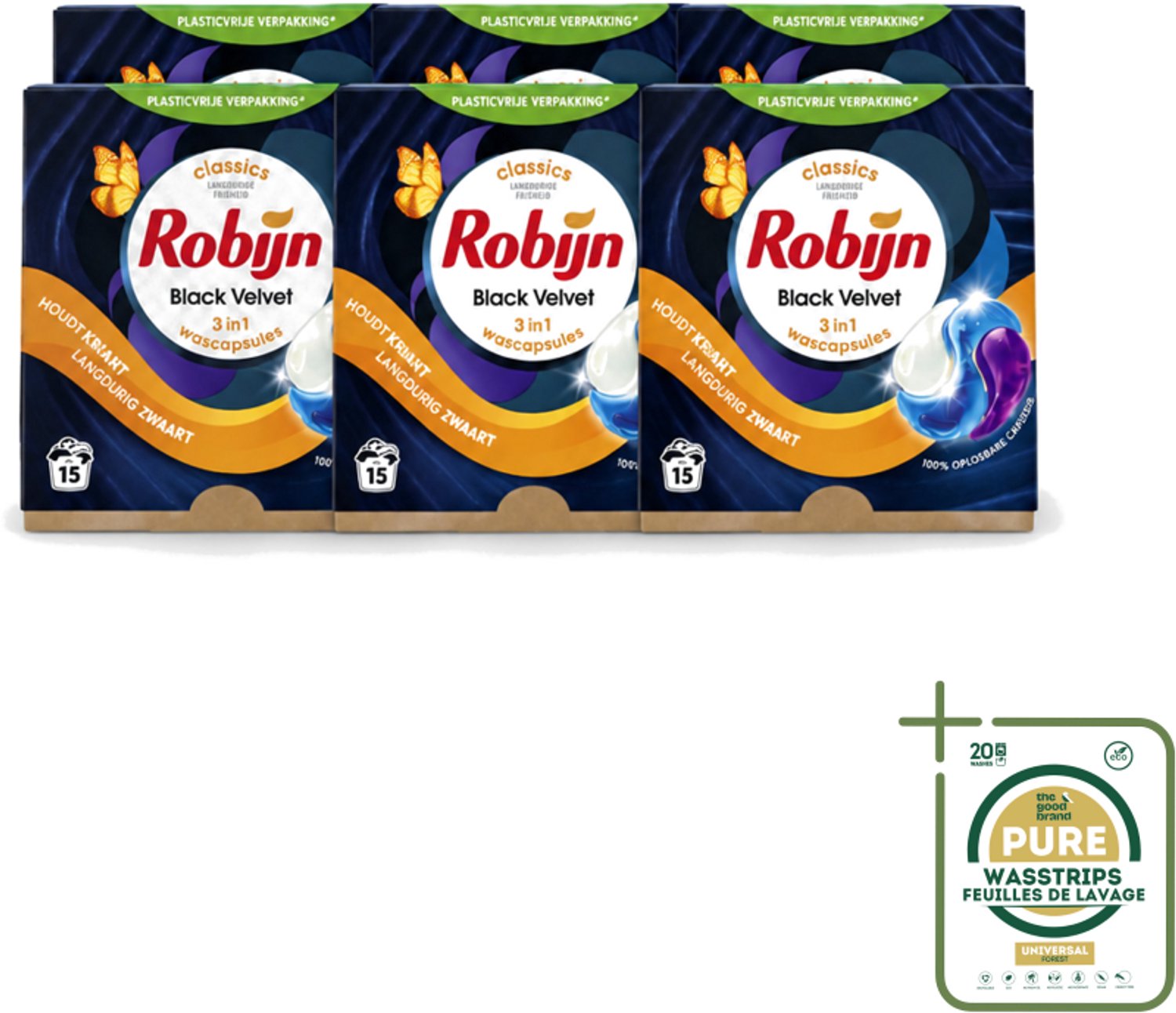 6 x Robijn – 3-in-1 Wascapsules – Black Velvet – 15 capsules - Wasstrips - Zwarte Was - Kleurbehoud - Wascapsules - Black Serum - Zwart Kleding