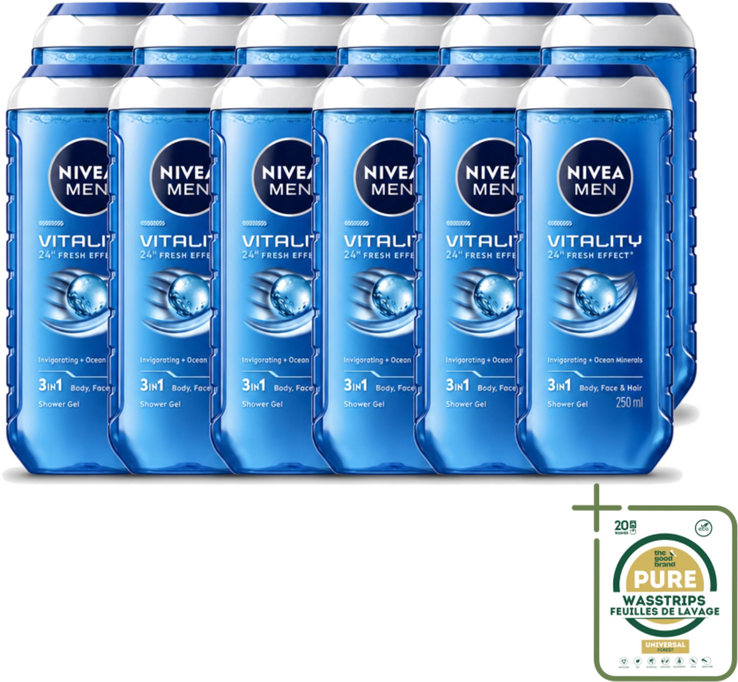 12 x Nivea Men – Douchegel – Vitality 3-in-1 – 250 ml - Wasstrips - Douchegel - Mannelijk - Frisheid - Oceaanmineralen - 3-in-1